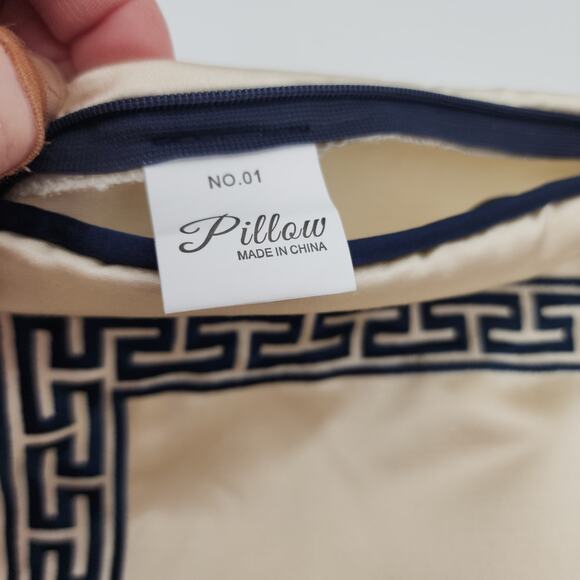 Embroidered Satin Pillow Cover Blue and Beige Chain Link Embroidery 18 x 18 in - Picture 5 of 9